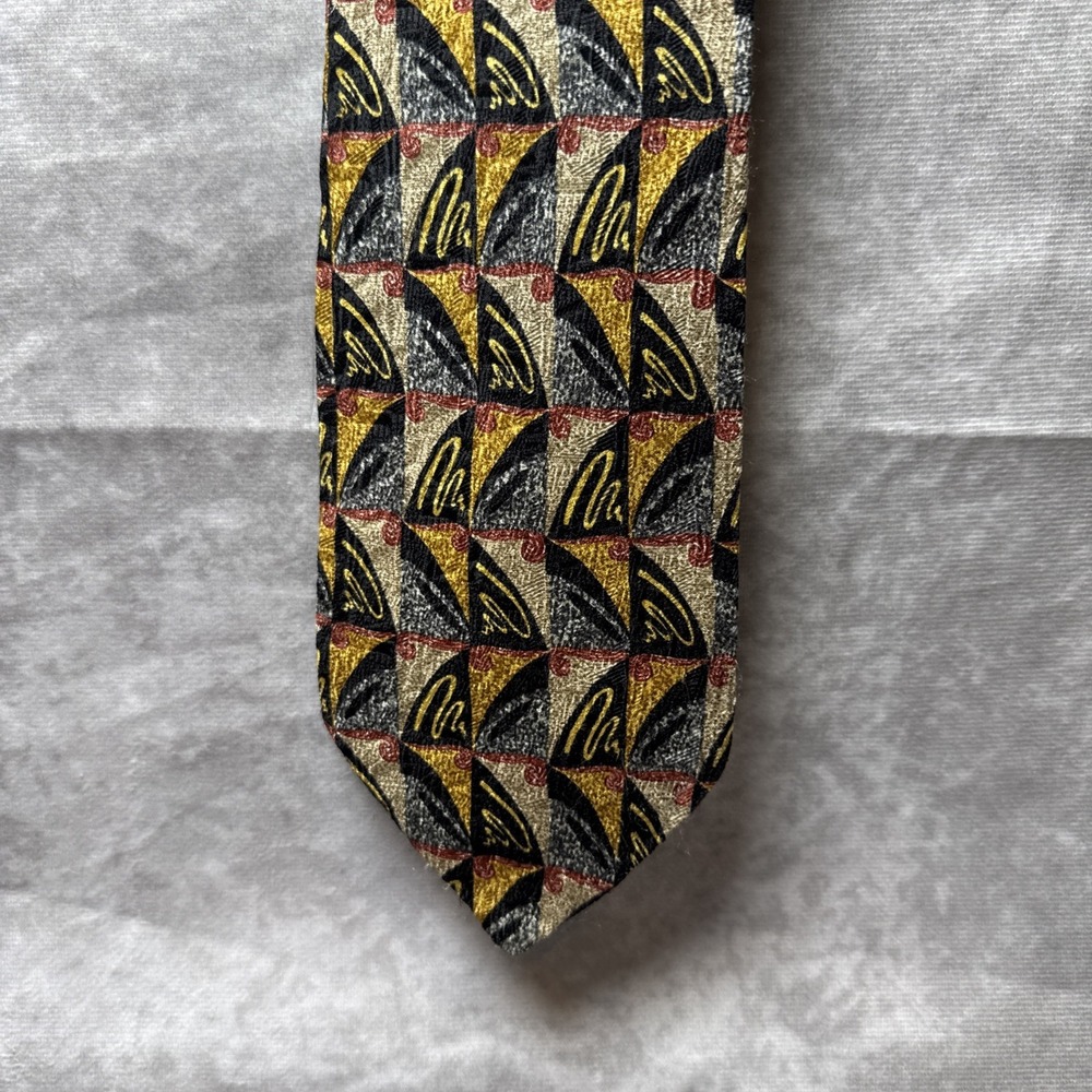 Pavia Tie Made in Italy 100% Silk Geometric Pattern Blk base Blue Gold Burg Tan